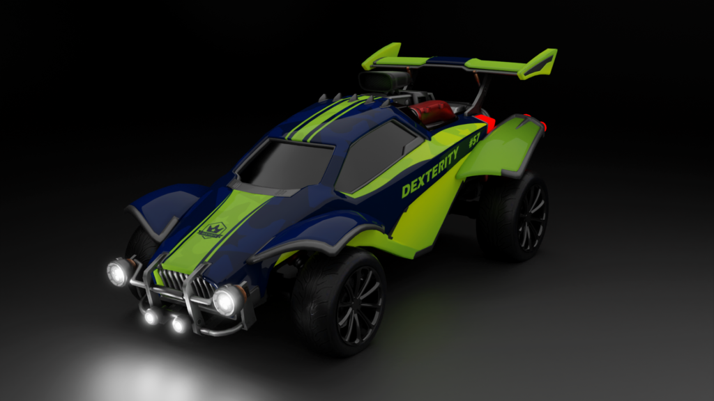 a render of a rocket league car with the dxt decal equipped