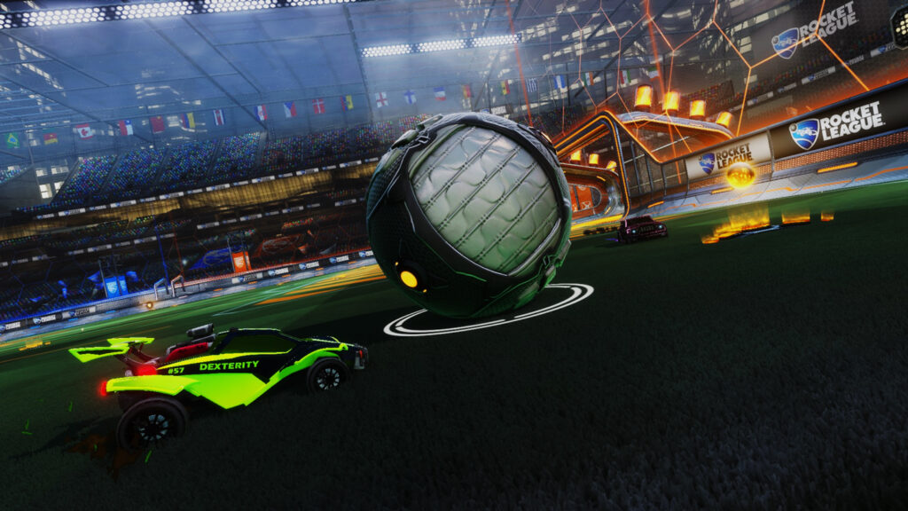 A closeup of the dxt rocket league car in front of the ball