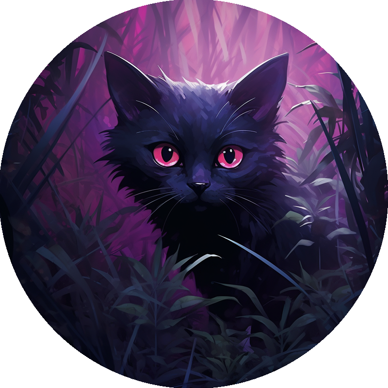 profile picture of viu: a dark purple cat in a dark purple forest